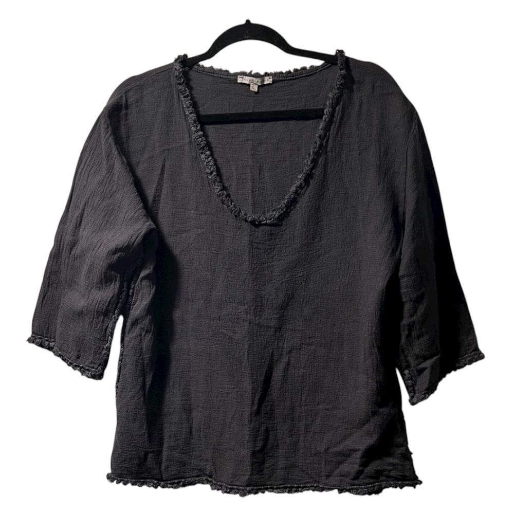 Tempo Paris Dark Gray Textured Blouse 3/4 Sleeve Linen Top Size L EUC Lagenlook